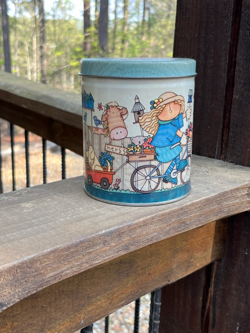 Whimsical Bicycle Girl Decorative Tin - Blue Accents herbs